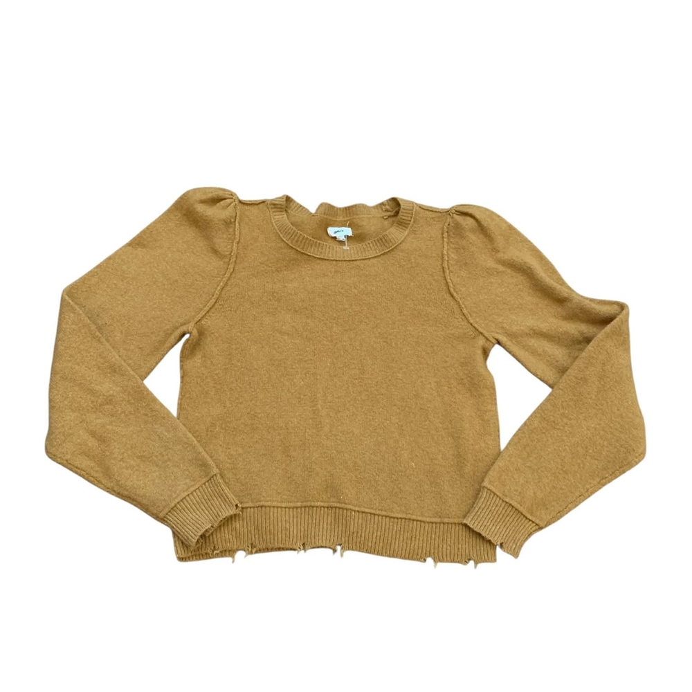 Aerie Mustard Puff Sleeve Distressed Crew Sweater‎ M Earthenware Minimalist